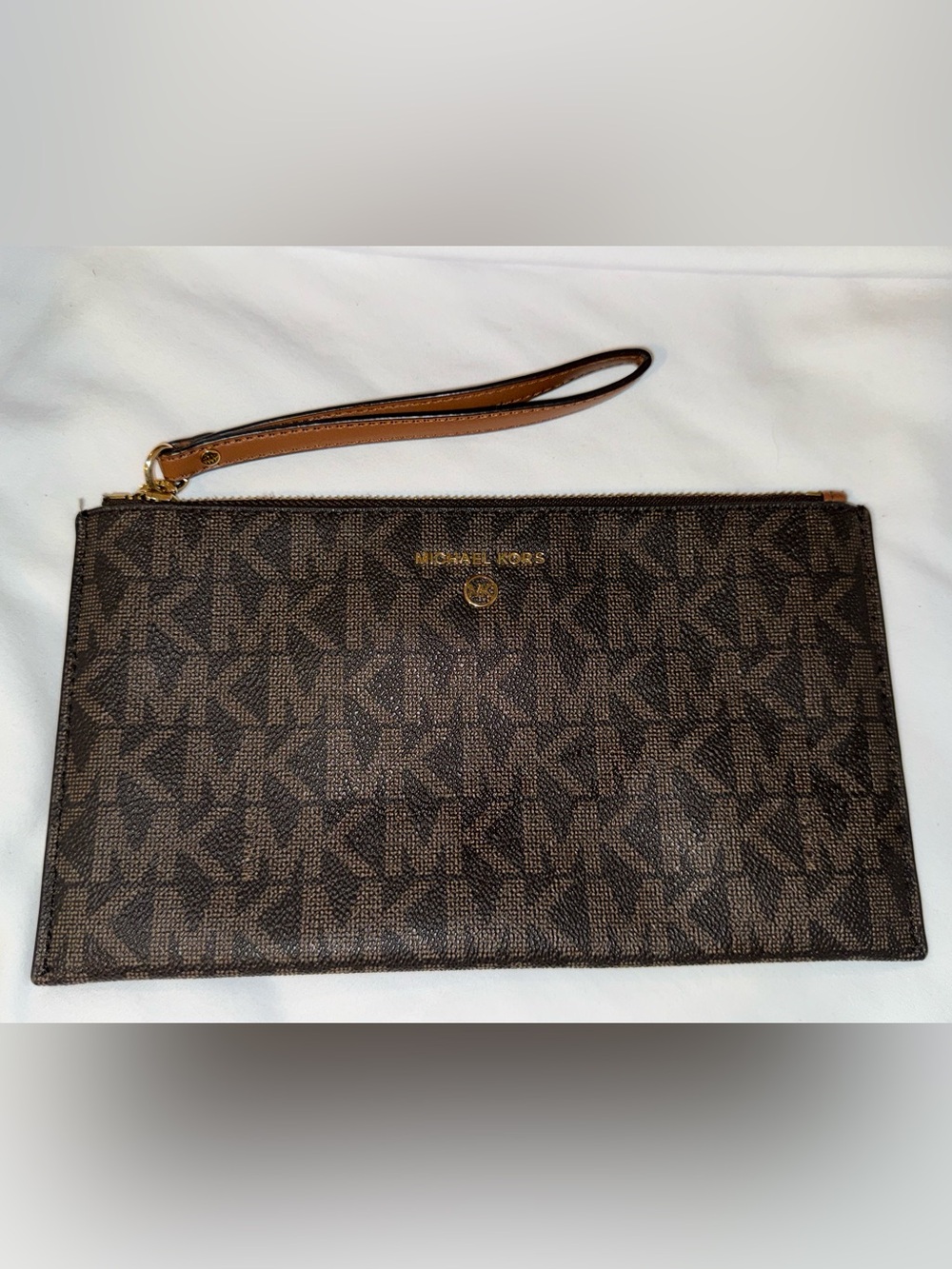 Michael Kors Brown MK Logo Wristlet Pouch with Tan Strap